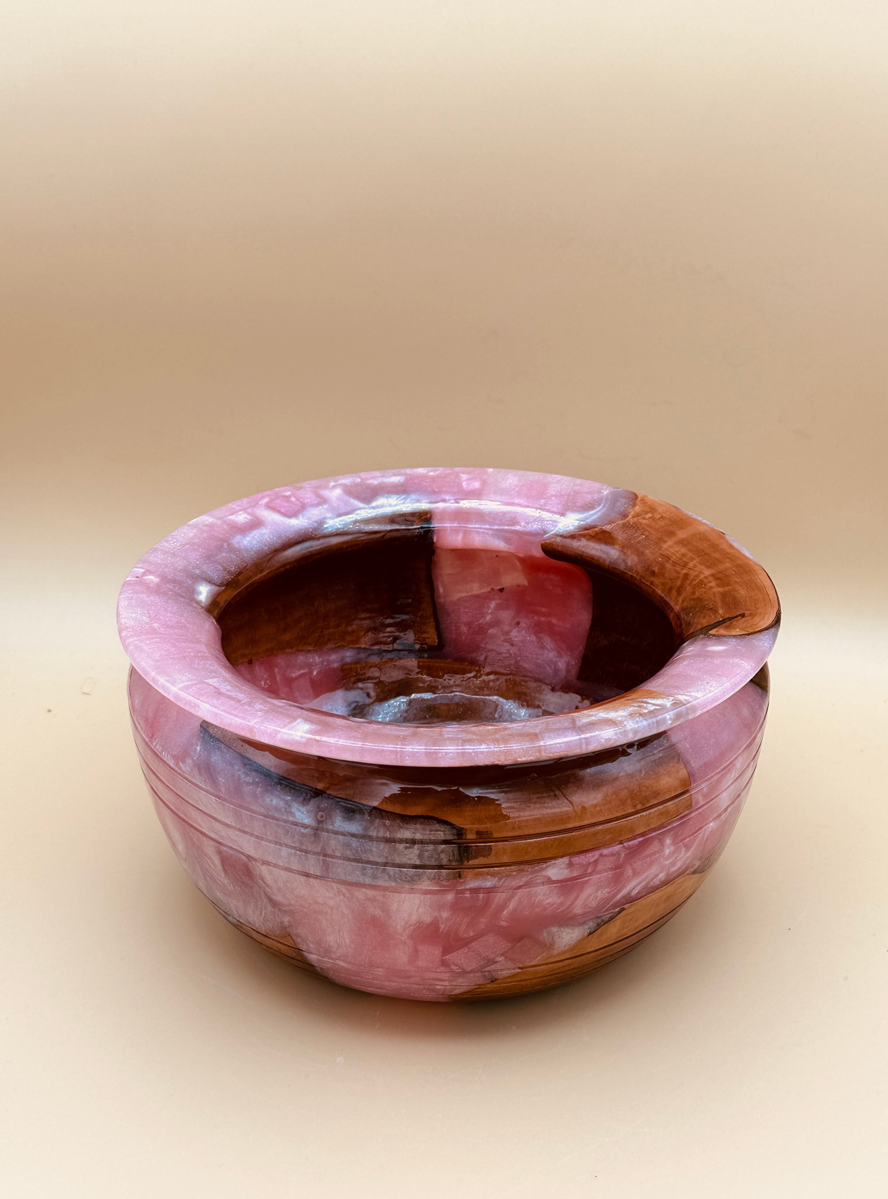 Delicate Pink Colored Resin Infused into Wood Bowl that is Hand Turned on a Lathe